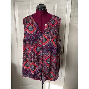 Maurice’s Tie Front Sleeveless Tunic Blouse Top Geometric Sleeveless Size 2
